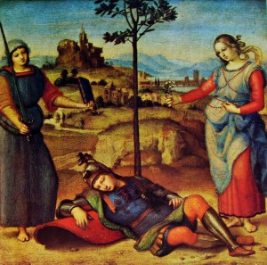 Raffaello Sanzio: Il sogno del cavaliere, 1503-1504, olio su tavola, 17×17 cm